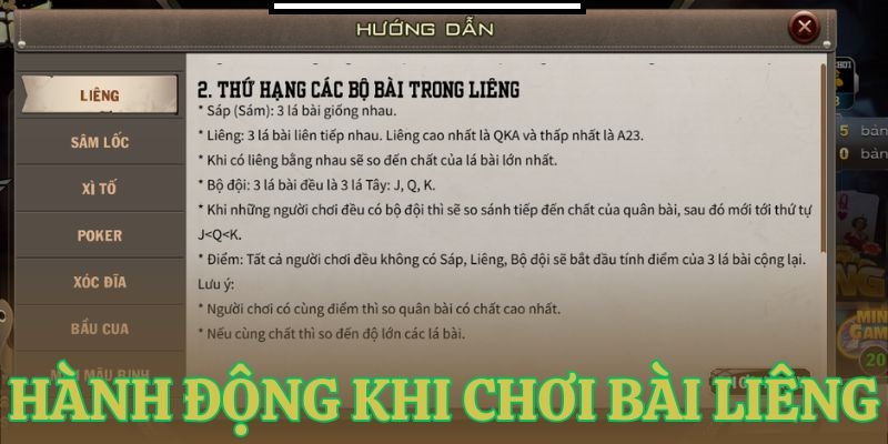 danh sach cac hanh dong khi choi bai Danh sách các hành động khi chơi bài
